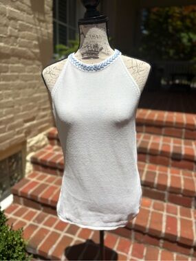 J. McLaughlin White Knit Halter Tank with Light Blue Braided Neck